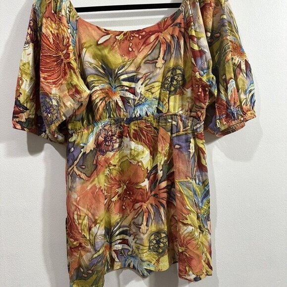 Jams World Women’s Afterglow Hawaiian Palm Tree Floral Peasant Top Sz M - Picture 15 of 16